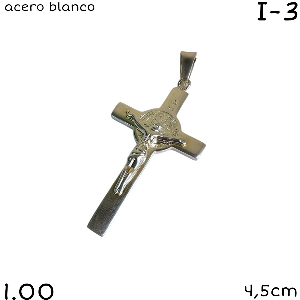 DIJE CRUCIFIJO  CON SAN BENITO ACERO BLANCO