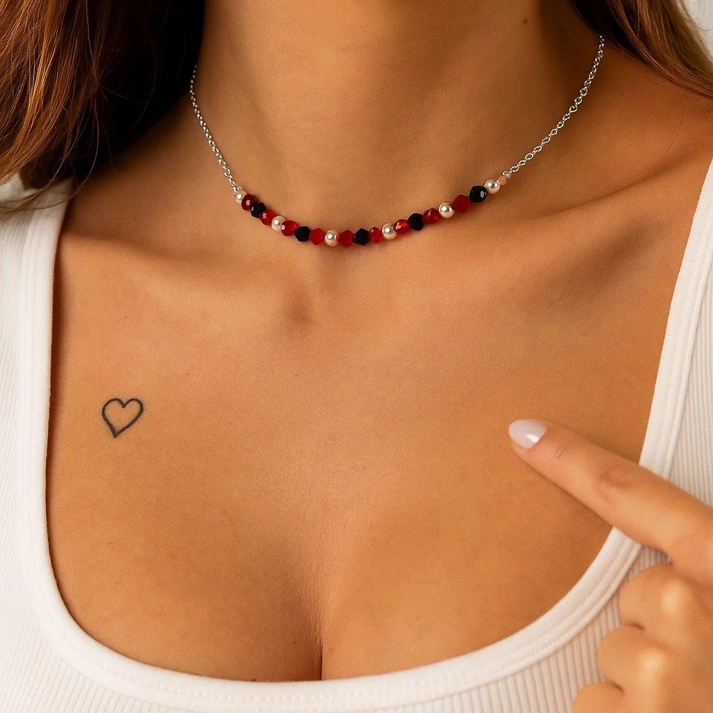 CHOCKER CON PIEDRAS ROJAS Y NEGRAS 40+2cm C-56A