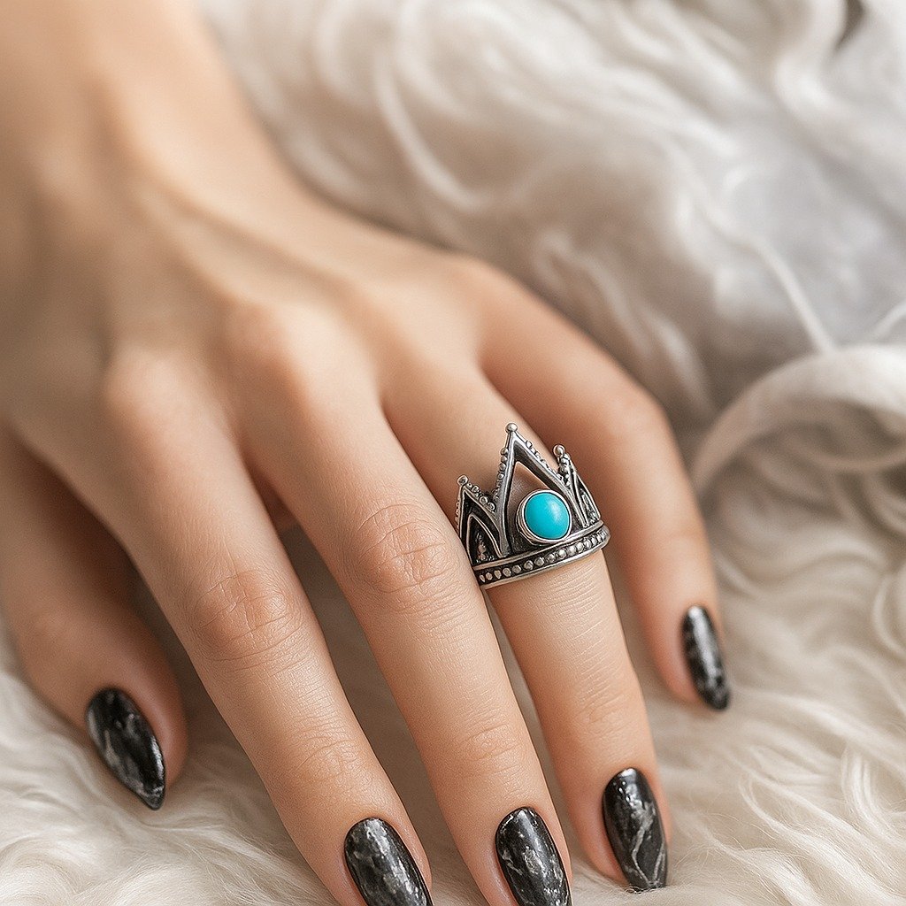 ANILLO CORONA CON PIEDRA TURQUESA "TALLE #12" C-38C