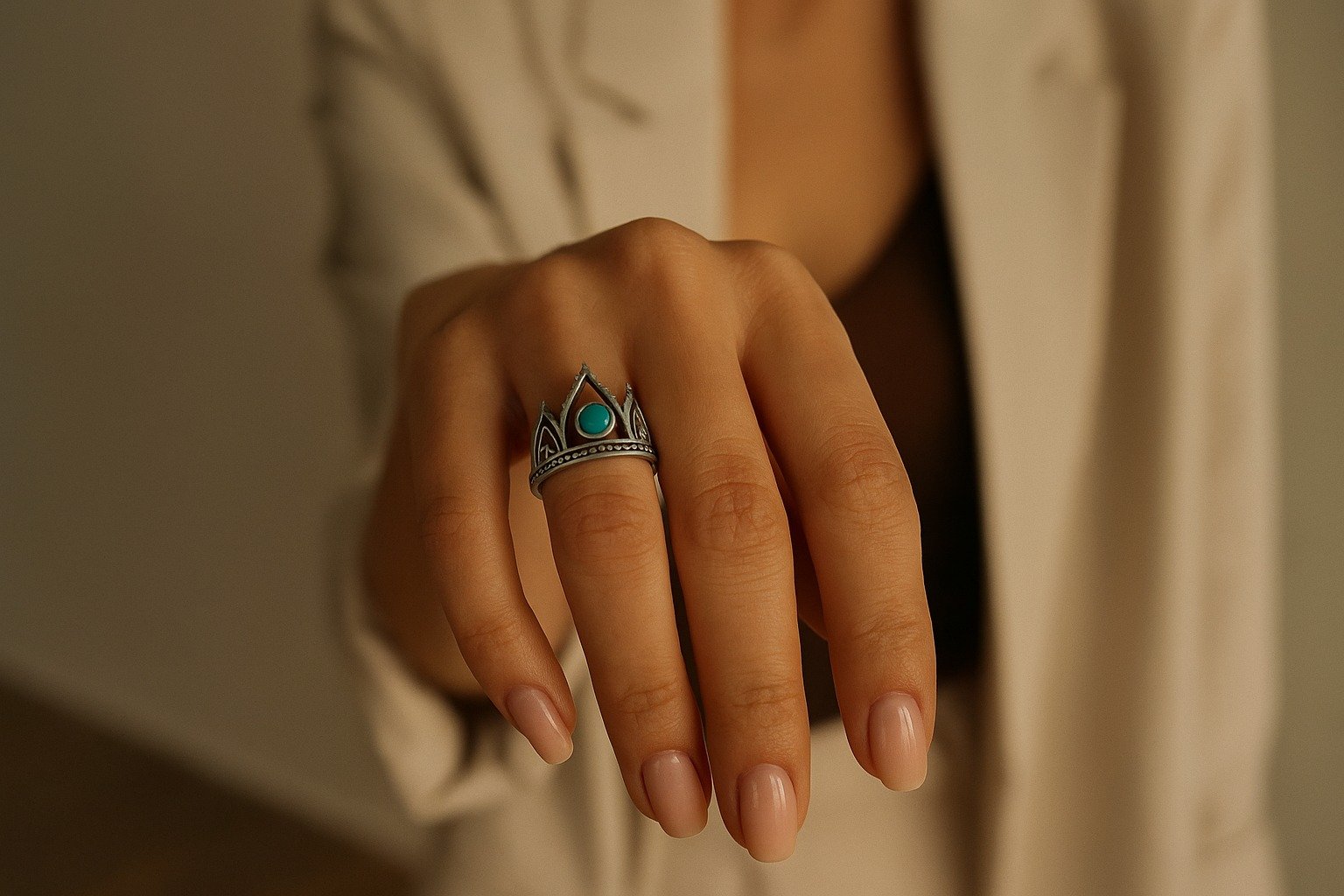 ANILLO CORONA CON PIEDRA TURQUESA "TALLE #12" C-38C