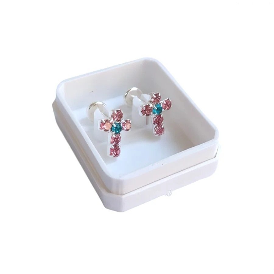 Abridor cruz rosa con celeste Baño de plata