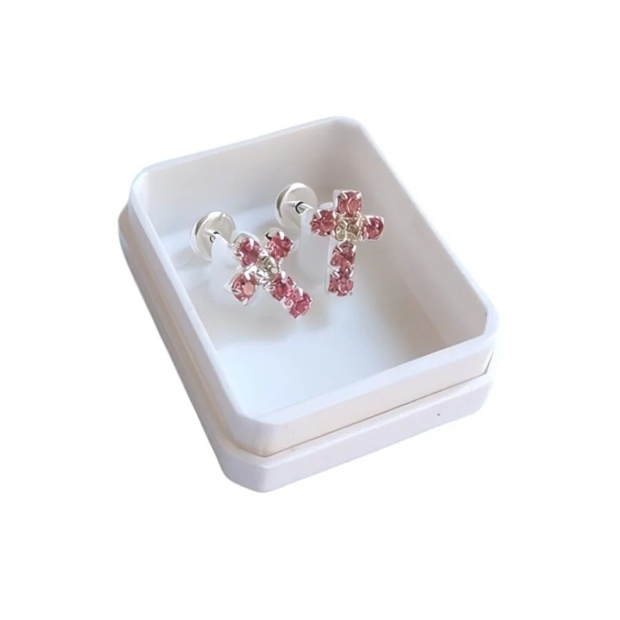 Abridor cruz rosa con blanco Baño de plata