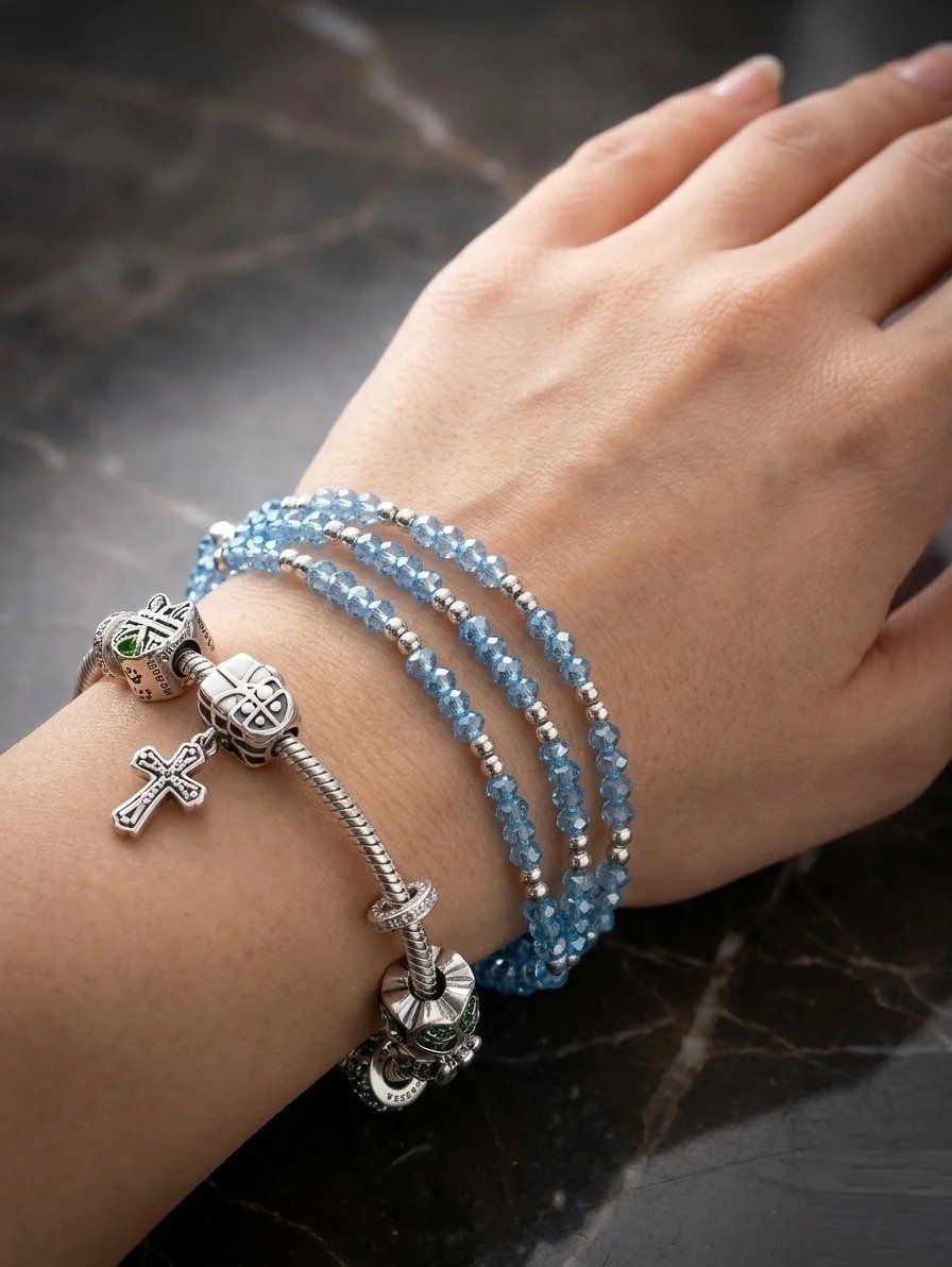 PULSERA TRIPLE PIEDRAS CELESTE 17cm C-23A