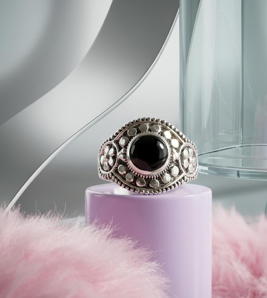 Anillo Piedra Flor negro C-105A
