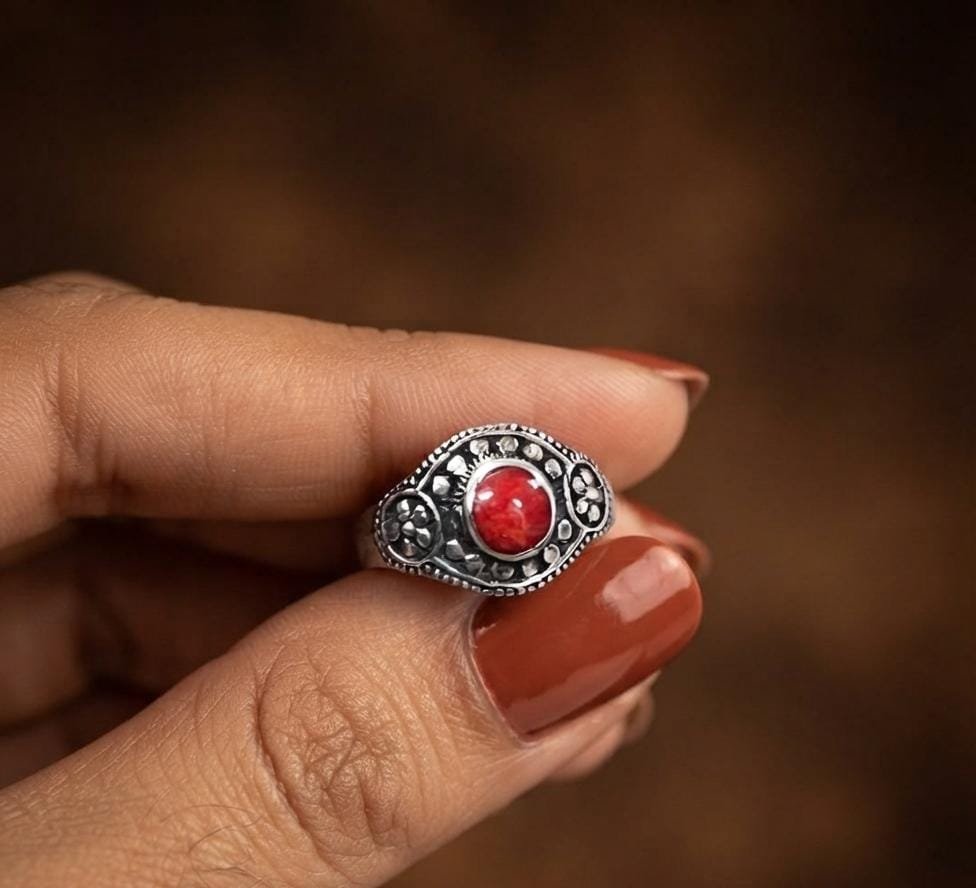 Anillo Piedra Flor Rojo C-105A