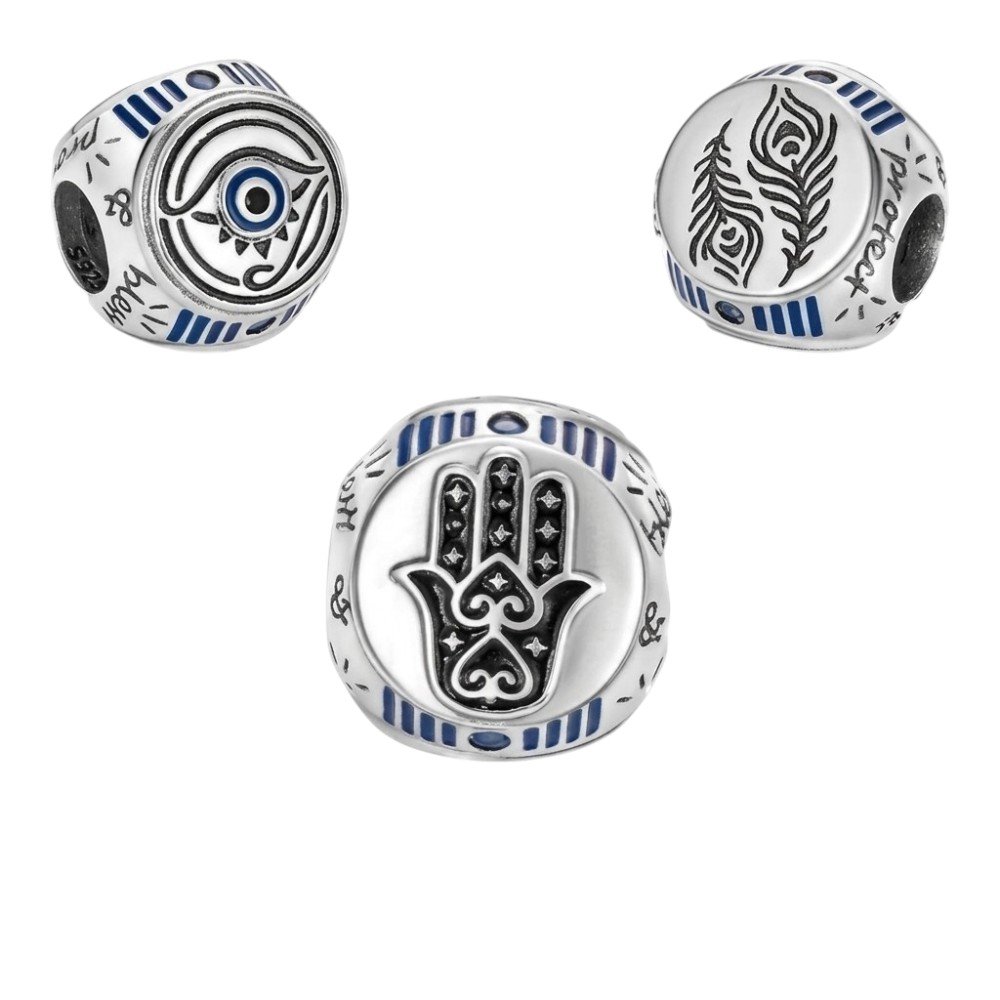 CHARMS MANO HAMSA, PLUMA DE PAVO REAL Y OJO TURCO T-1D